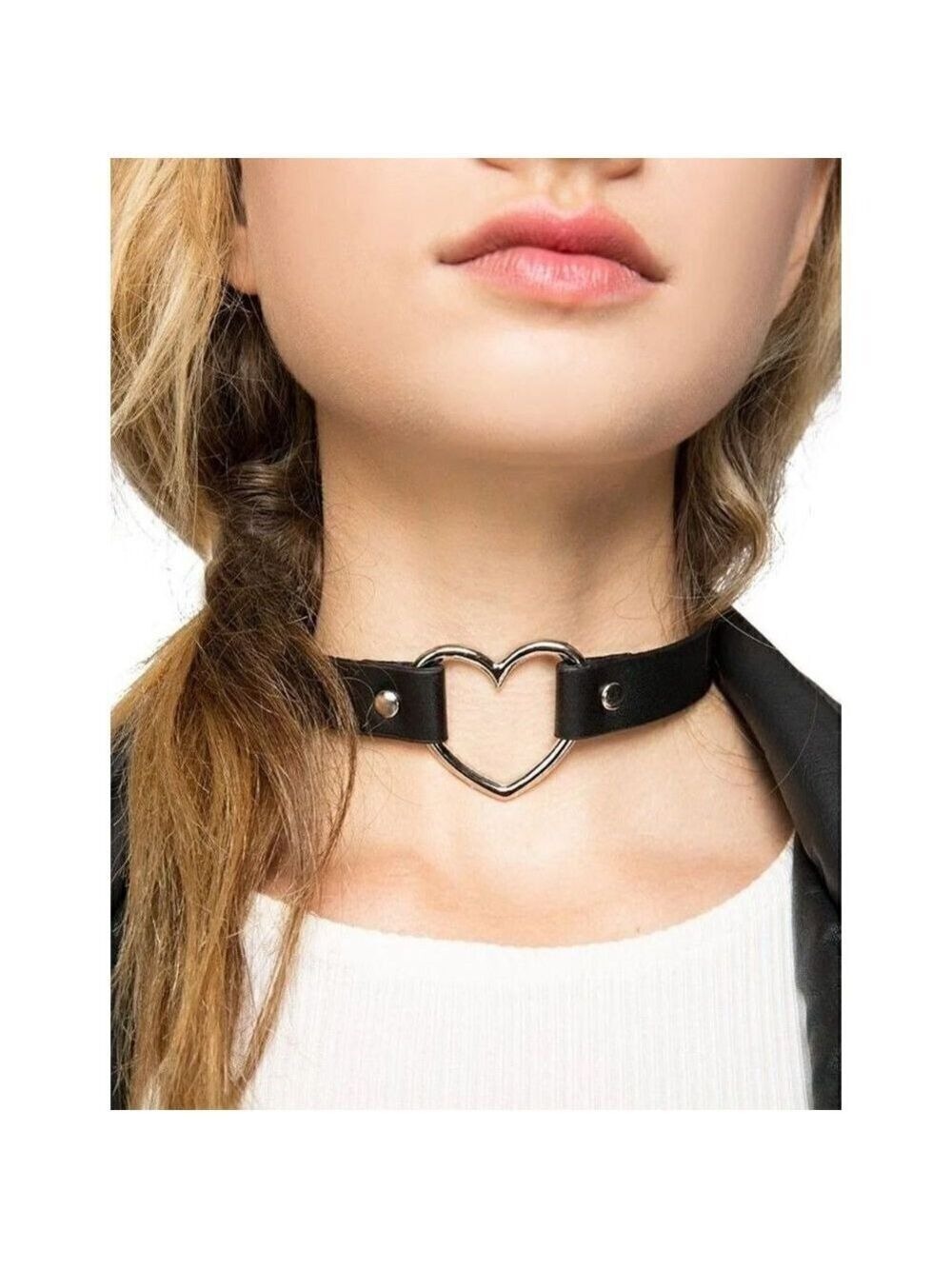 BLACK Leather Heart Choker Collar Necklace Fetish Slave Bondage BDSM Costume NWT